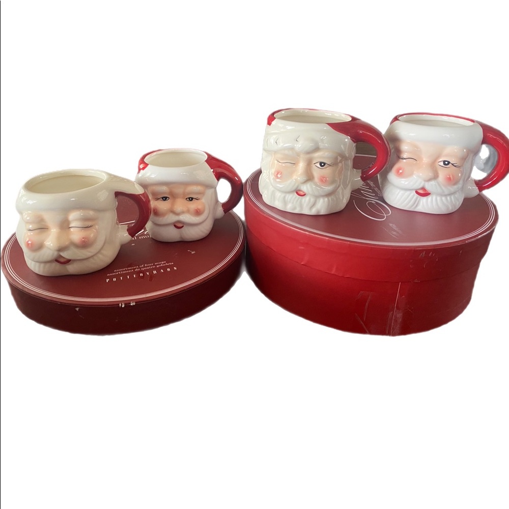 POTTERY BARN set of 4 Santa Claus Shaped Handcrafted Ceramic Mugs